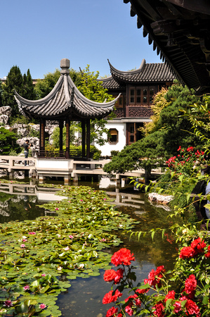 Lan Su Gardens Pavilion and Flowers