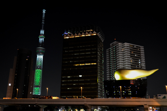 Tokyo Sky Tree and the Ashahi Beer Hall at night